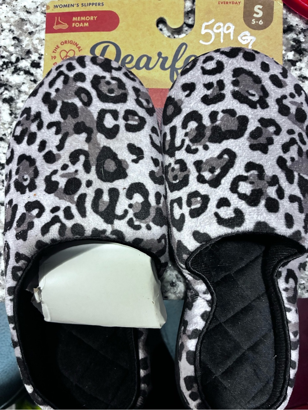 dearfoams Women's Gray and Black Leopard Memory Foam Slippers